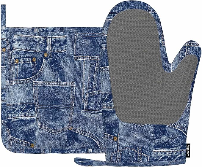 Mxocom Denim Patchwork Texture Silicone Oven Mitts and Pot Holders Sets BBQ Gloves for Kitchen,Cooking,Baking,Grilling