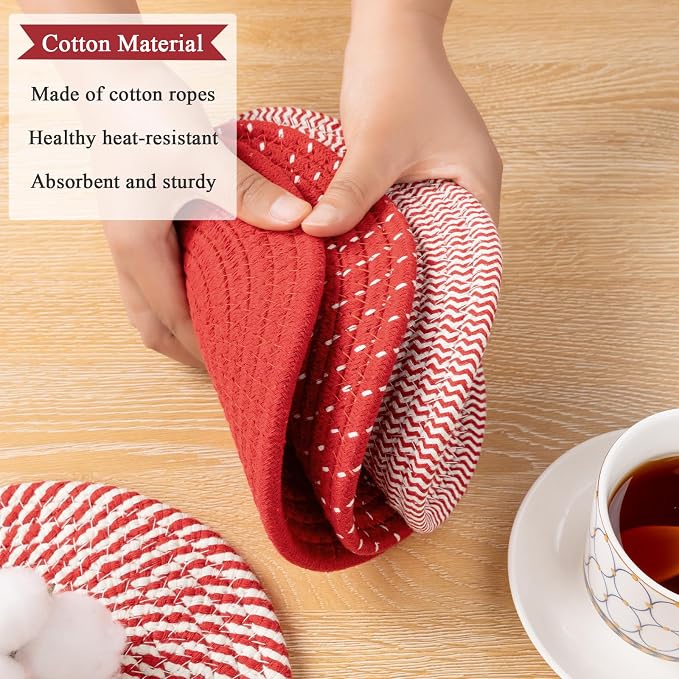 SHACOS 8 Inches Trivets for Hot Dishes, 4 Pieces Cotton Trivets Mats for Kitchen, Hot Pads for Countertops and Table, Heat-Resistant Pot Holders for Hot Pots and Pans(Red, 4pcs)