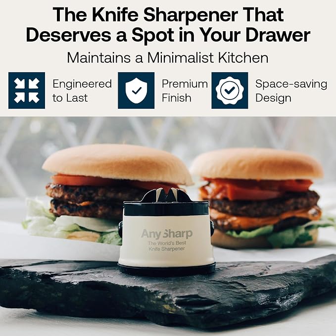 AnySharp – Pro – Hands Free Knife Sharpener - Easy to Use Sharpening Tool with PowerGrip Suction Base and 20-Degree Pre-Set Angle - for All Knives: Chef's, Serrated, and Hardened Steel - Cream