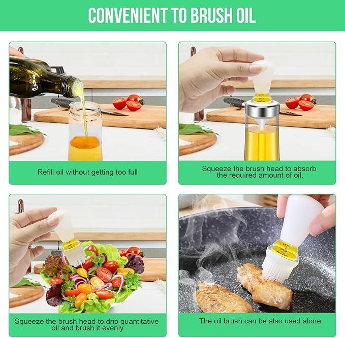 Olive Oil Sprayer and Dispenser with Silicone Brush for Cooking, Spray Bottle Set, Glass Dispenser, Mister, Salad, BBQ, Kitchen Baking, Roasting, Air Fryer, 2 Pack, (KP02)