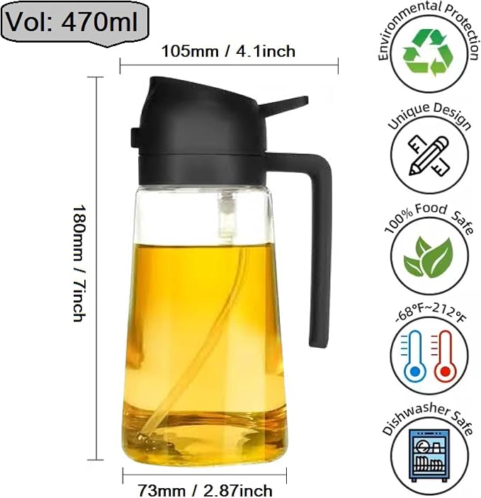 Oil Sprayer for Cooking 2 in 1, 470ml/16oz, Oil Spray & Dispenser Glass Bottle, Food-grade material for Kitchen, Salad Dressing, Frying, Air Fryer & BBQ (Black&CreamyWhite)