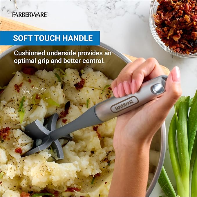 Farberware Pro Meat Masher and Potato Masher with Soft-Touch Handle, Ground Beef Chopper Tool, Heat-Resistant to 450F, Dishwasher Safe, Grey