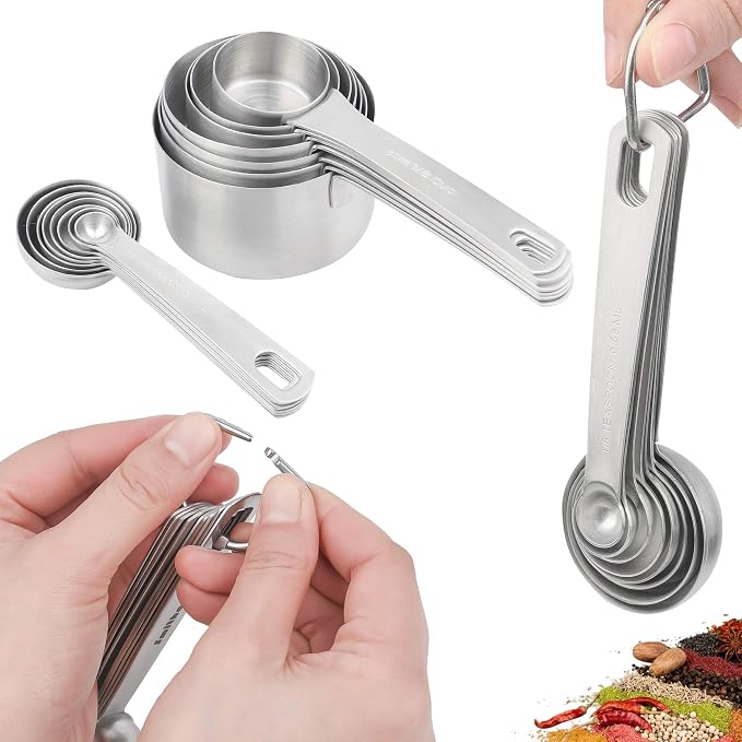 18/8 Stainless Steel Measuring Cups and Spoons Set, Metric & US Metal Measure Cup and Spoon for Baking & Kitchen, Heavy Duty 7 Measuring Cups & 8 Spoons With Leveler