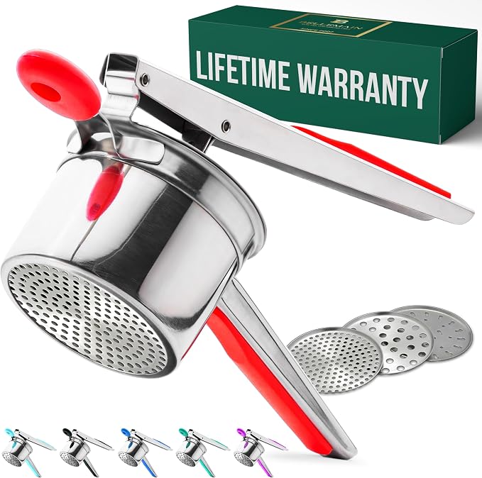Bellemain 15 oz Large Potato Ricer | Heavy-Duty Stainless Steel Potato Ricer & Masher | Perfect for Mashed Potatoes | Kitchen Tool with 3 Interchangeable Discs