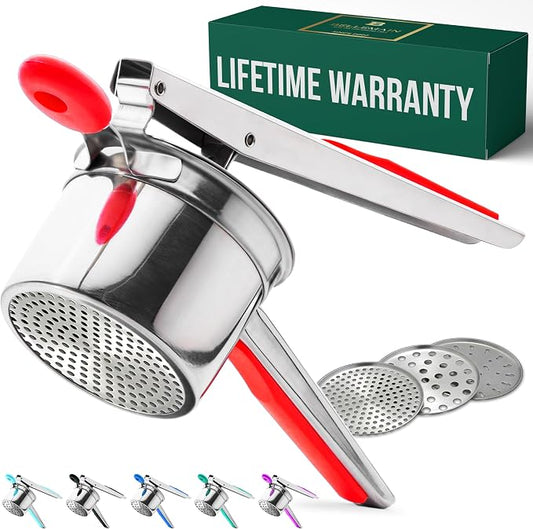 Bellemain 15 oz Large Potato Ricer | Heavy-Duty Stainless Steel Potato Ricer & Masher | Perfect for Mashed Potatoes | Kitchen Tool with 3 Interchangeable Discs