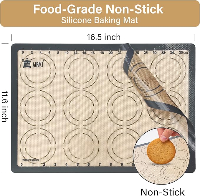 GUANCI 2 Pack Silicone Baking Mats, 11.6" x 16.5" Each, 0.7mm Thick, Food Grade Non-Stick Reusable Baking Mats & Baking Sheet Liners for Cookies, Macarons, Bread, Pizza & Pastry