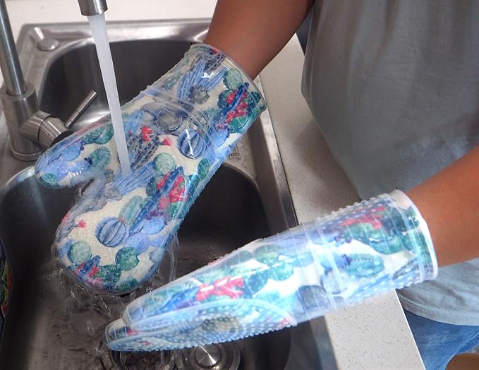 Oven Mitts Set of 2 with Transparent Clear Silicone Shell and Nice Cactus Flower Cotton Lining, Heat Resistant to 500 F Kitchen Oven Gloves Pot Holder for Cooking (Cactus Flower, Oven Mitts)