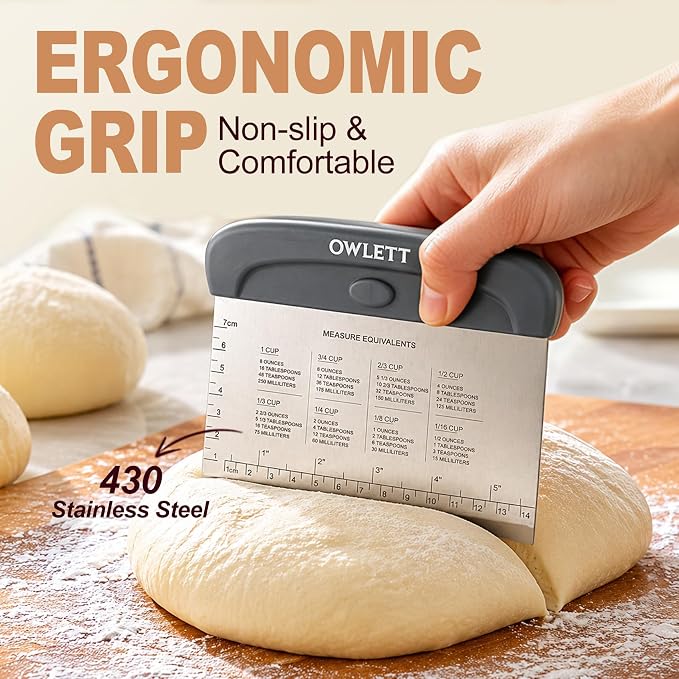 2 PCS Dough Scraper, Stainless Steel Bench Scraper with Dual Measuring Scale & Conversion Chart, Bowl Scraper Dough Cutter, Kitchen Scraper for Baking Pastry Bread Pizza Cake, Recessed Storage
