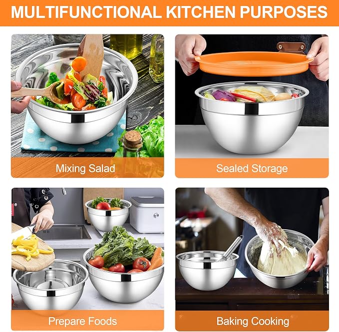 LIANYU Mixing Bowls with Lids Set, Large 7 & 3.5 & 2.5 & 2 & 1.5 & 1QT | 6 Piece Stainless Steel Serving Bowls, Kitchen Metal Nesting Bowl for Cooking, Food Storage, Dishwasher Safe, Multi-Color