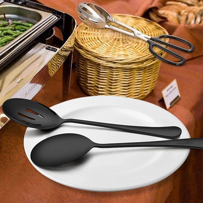 Homikit Stainless Steel 2 Black Serving Spoons, 2 Black Slotted Serving Spoons, 2 Black Serving Forks, Metal Buffet Party Banquet Restaurant Catering Serving Utensils, Mirror Polish, Dishwasher Safe
