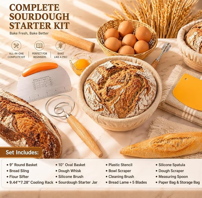 Sourdough Starter Kit, Bread Baking Supplies with Round & Oval Banneton Proofing Baskets, Starter Jar, Bread Sling, Dough Whisk, Scrapers, Stencils, Cooling Rack & Bag