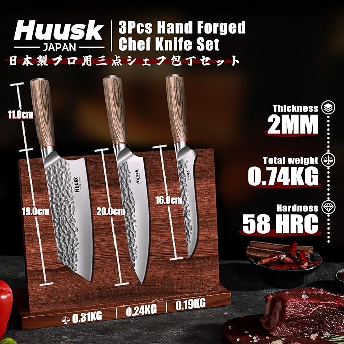 Huusk Japanese Kitchen Knife Set of 3, Professional Chef Knives Set for Kitchen, Hand Forged Butcher Knife Set for Meat Cutting, Meat Cleaver Boning Knife with Pakkawood Handle, Gift Idea for Men