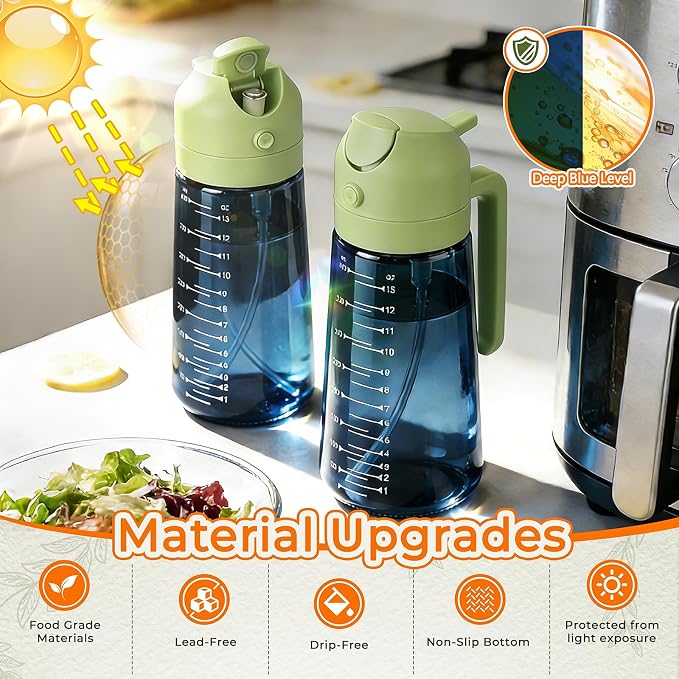 Glass Olive Oil Sprayer for Cooking (16oz/470ml), 2 in 1 Olive Oil Dispenser Bottle for Kitchen Gadgets and Air Fryer Accessories, Salad, BBQ - 1-Pack, Blue Green