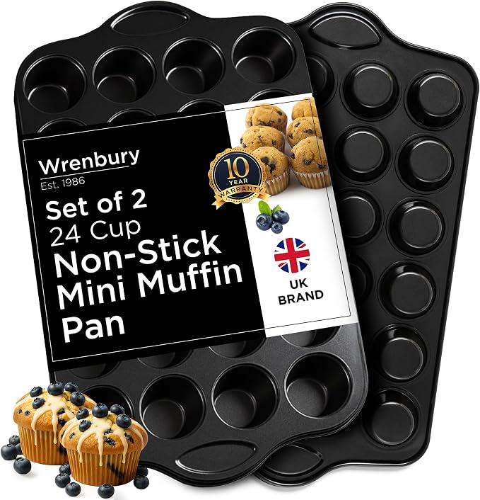 Wrenbury Mini Muffin Pan Non Toxic Set of 2 - Non Stick 24 Cup Small Cupcake Tray for Baking Joyful Bites - Dishwasher Friendly - Health Conscious Baking - 1.8" Cup