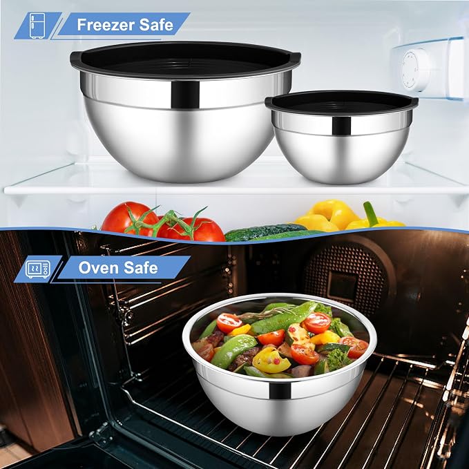 LIANYU Mixing Bowls with Lid Set of 6, Large Size 7, 3.5, 2.5, 2, 1.5, 1QT | Stainless Steel Kitchen Nesting Metal Bowl Sets, Ideal for Baking Cooking Serving Food Storage, Dishwasher Safe, Black