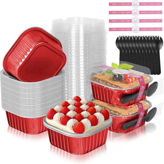 10oz Aluminum Foil Brownie Pans with Lids, 40 Pack Square Cake Pans, Disposable Ramekins Cupcake Cups Containers,Mini Cake Baking Pans,Large Muffin Tin Holder for Catering Gathering - Red