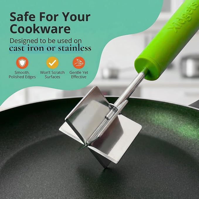 Stainless Steel Meat Chopper, Masher & Cocktail Muddler | Dishwasher Safe | 6-Blade Chopper Tool | Oversized Soft Grip Handle | Heat Resistant Grip | 9" (Zippy Green)