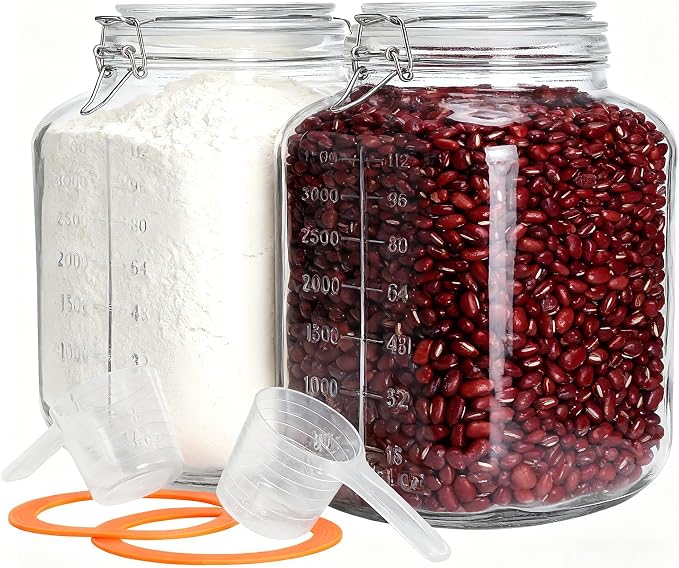 2 Pack 1.1 Gallon Square Super Wide Mouth, Airtight Glass Storage Jars, with Measurement Marks, Leak-Proof Lids for Kitchen Pantry, Canning, Dry Food (Flour, Sugar) & Drinks