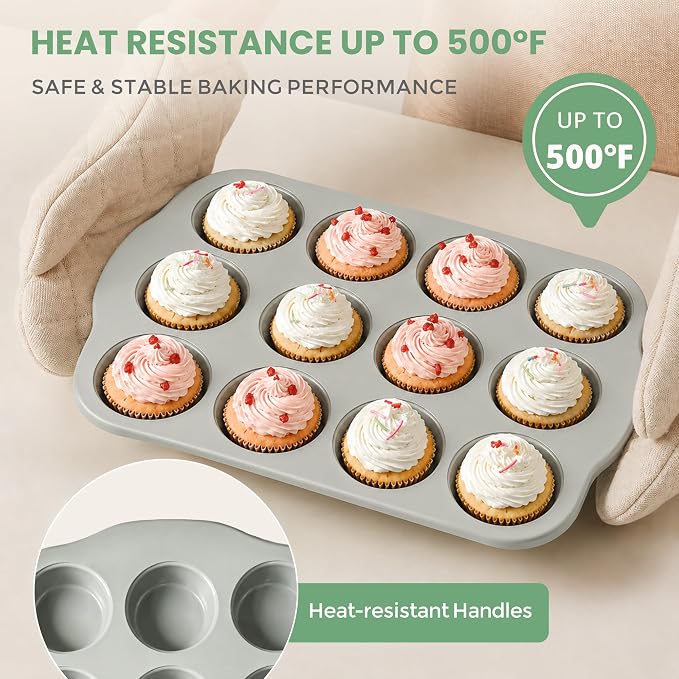12-Cavity Muffin Pan, Nonstick Ceramic Cupcake Pan, Heavy-Duty 0.6mm Aluminum, Easy-Release Bakeware for Home Bakers & Holiday Treats, Grey