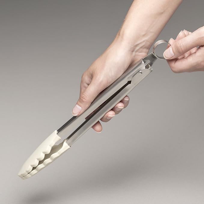 Zeal Silicone Non-Stick Kitchen Tongs with Stainless Steel Handle (26cm) -Cream, 26 cm