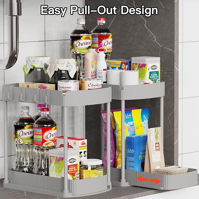 2 Packs Under Sink Pull-Out Storage Organizers, 14.8 Inches, Grey | Multi-Purpose Cabinet Organizers and Storage for Bathroom & Kitchen