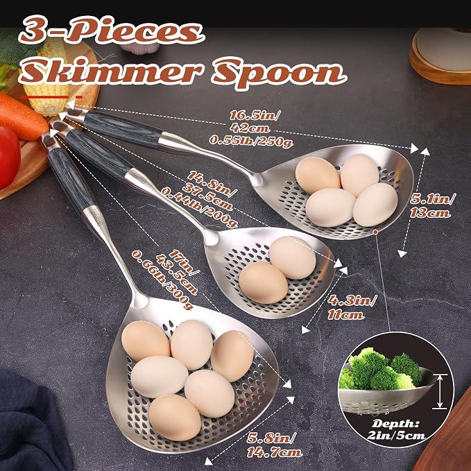 Skimmer Slotted Spoon Set of 3 - Stainless Steel Pasta Tools Spider Strainer Ladle Spoon with Wooden Handle for Cooking and Frying - Kitchen Utensils Spaghetti Strainer Colander - 14.8In,16.5In,17In