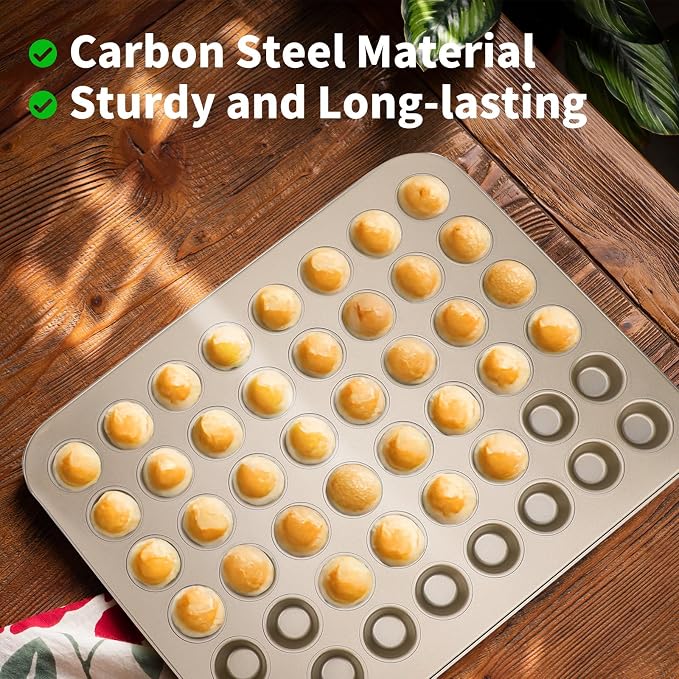 Beasea Nonstick Mini Muffin Pan 48 Cups, 2 Pack 48 Mini Small Tiny Cup Non Stick Muffin Baking Pan Tin Tray Carbon Steel Bakeware Individual Cupcake Baking Pan - Gold