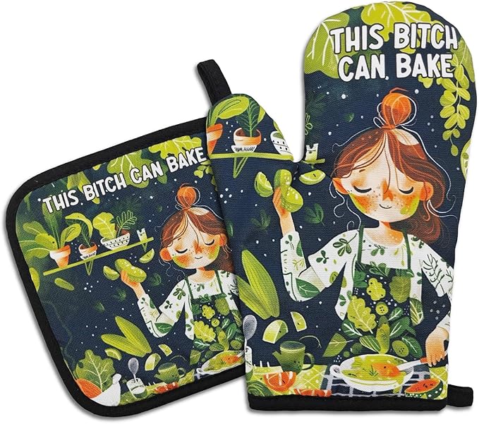 Funny Oven Mitts and Pot Holders（Set of 2） This Can Bake Silicone Non-Slip Oven Mitts Adult Humor Heat Resistant Mitts with Hanging Loop Funny Birthday Gifts for Hostess Women Friend