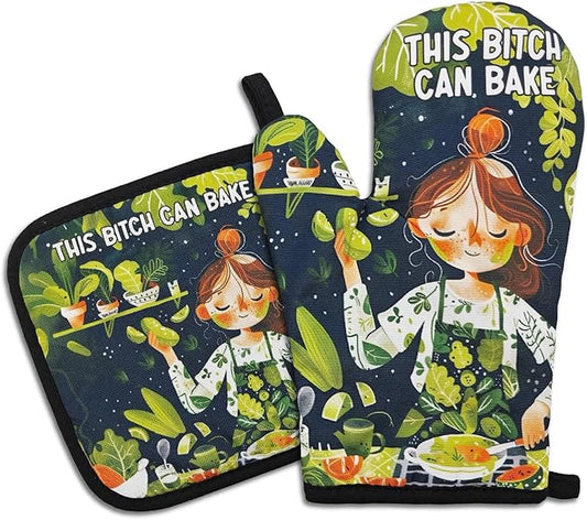 Funny Oven Mitts and Pot Holders（Set of 2） This Can Bake Silicone Non-Slip Oven Mitts Adult Humor Heat Resistant Mitts with Hanging Loop Funny Birthday Gifts for Hostess Women Friend