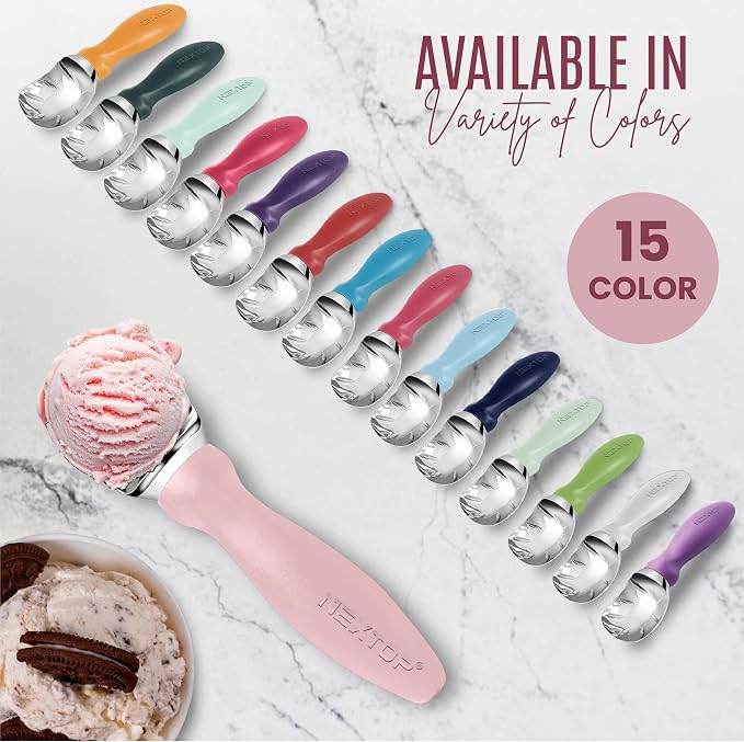 Nextop Ice Cream Scoop with Comfortable Handle - Ergonomic Spoon, Durable Perfect Metal Round Round Scoops Ideal for Ice Cream, Sorbet, Gelato Perfect for Home Use, Kitchen Essential. (Pink)
