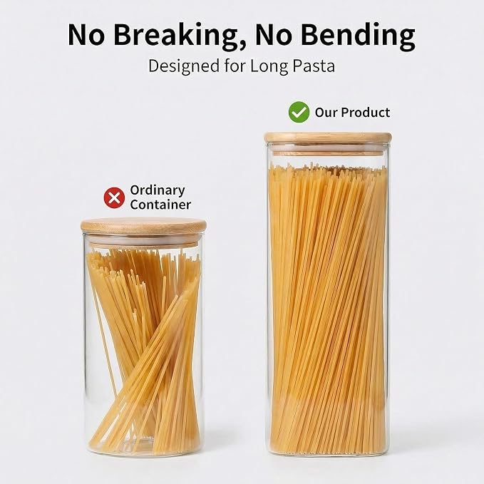 Pasta Storage Containers 3 Pack, 78oz Square Airtight Glass Spaghetti Container with Bamboo Lids, Tall Glass Pasta Storage Jar for Pantry Organization Spaghetti Linguine Fettuccine Cereal