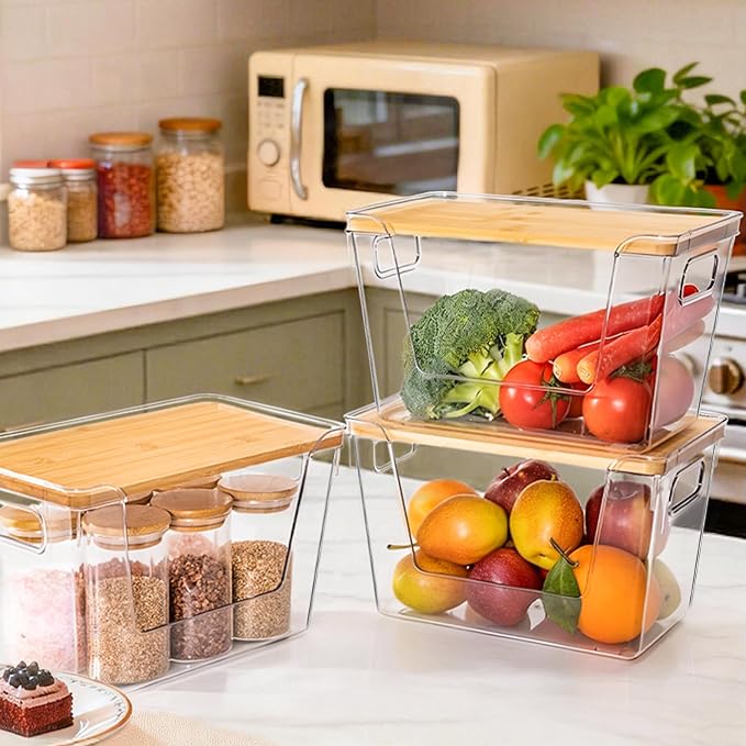 3 Set Pantry Organizers and Storage with Bamboo Lids, Stackable Clear Bins for Onion, Potato, Fruit, Vegetables, Trash Bag Dispenser, Kitchen and Under Sink Organizer