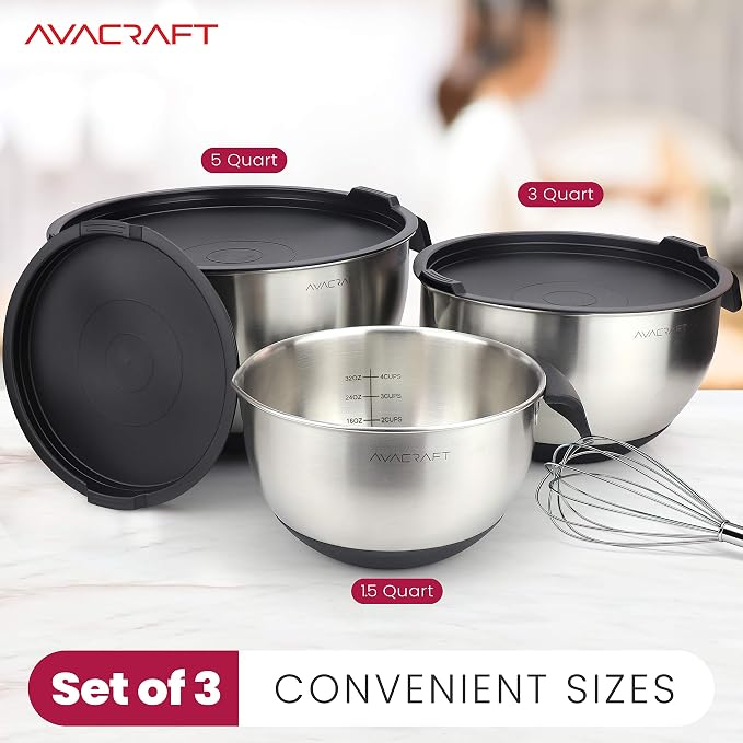 AVACRAFT 18/10 Stainless Steel Mixing Bowl Set with Lids, Black | Non-Slip Silicone Base, Ergonomic Handles, Pour Spouts, Interior Measurement Marks, Nesting Design, Dishwasher Safe