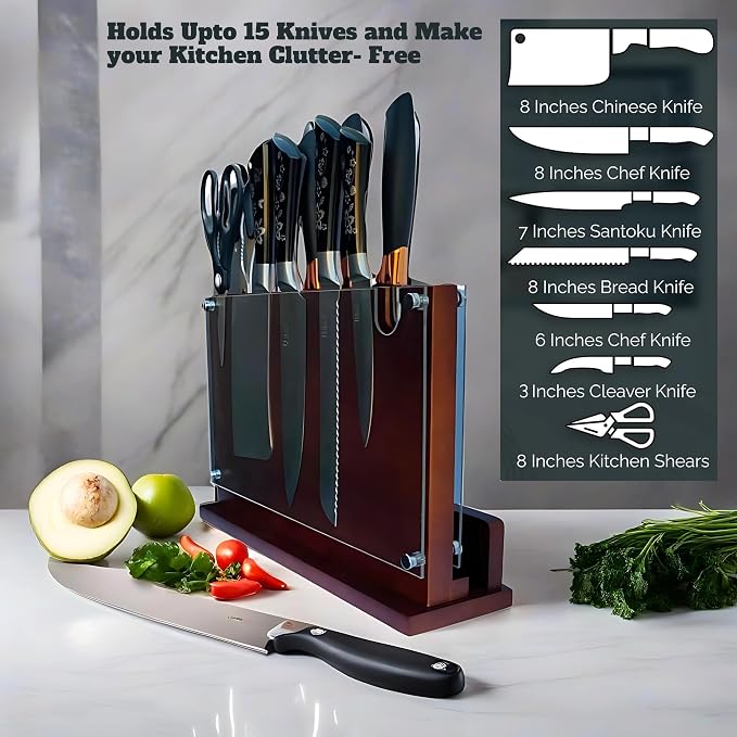 Magnetic Knife Holder 14x10 Inches Extra Large Size with Knife Sharpener Wooden Double Sided Magnetic Knife Block for Kitchen Counter with Cutting Board Slot & Acrylic safety shieldf, Sturdy & Durable