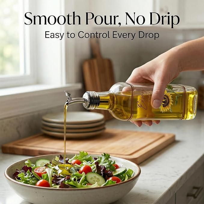 Topadorn 2-Pack 17oz Glass Olive Oil Dispenser Bottles with Stainless Steel Spout, Leak Proof Oil Dispenser Set, Folk Sunflower Rustic Kitchen Decor for Countertop & Cooking