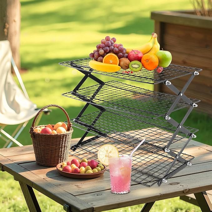 Collapsible Cooling Rack, Adjustable Stainless Steel Drying Rack (FOLD-4-TIER) | X-Shaped Structure Wire Cooling Rack for Baking, Cookies, Cake, Fruit, Bread,Roasting, Grilling, Drying Rack, Dishwasher Safe