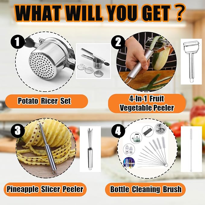 Stainless Steel Potato Ricer 15 oz with 3 Interchangeable Discs - Heavy - Duty and Durable Kitchen Tool for Effortless Mashing
