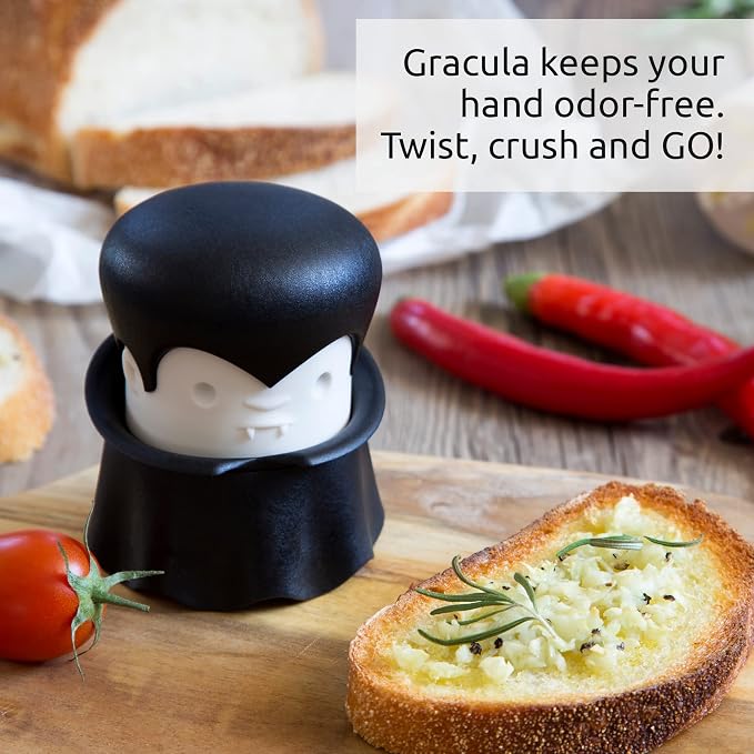 OTOTO Gracula Garlic Press, Garlic Crusher, Garlic Mincer, Also for Ginger, Nuts, Chili, Herbs - Twist Top Mincer & Easy Squeeze Manual Press Peeler, Goth Gifts
