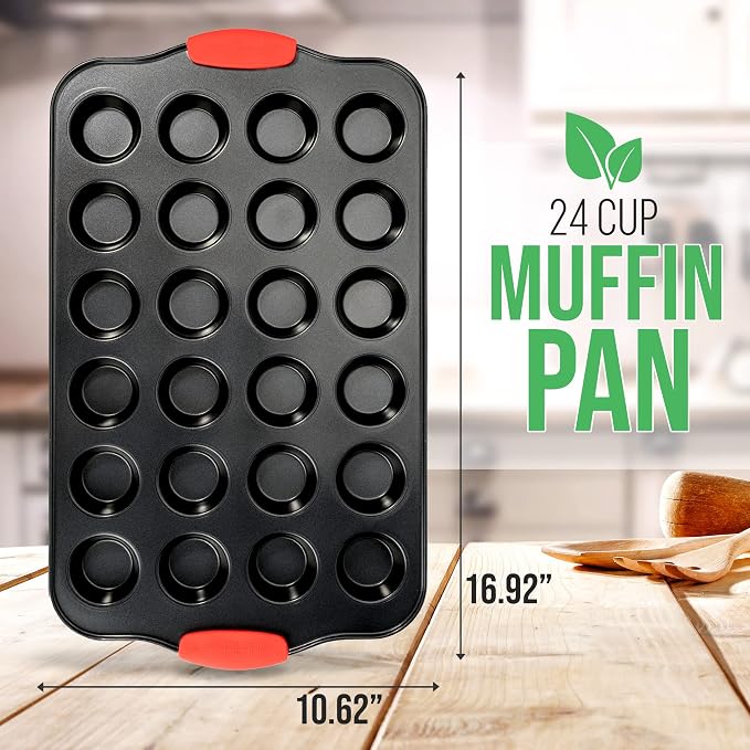 NutriChef 24-Cup Nonstick Mini Muffin Pan with Red Silicone Handles - Carbon Steel Bakeware Tray for Savory & Sweet Treats - Dishwasher Safe, Black