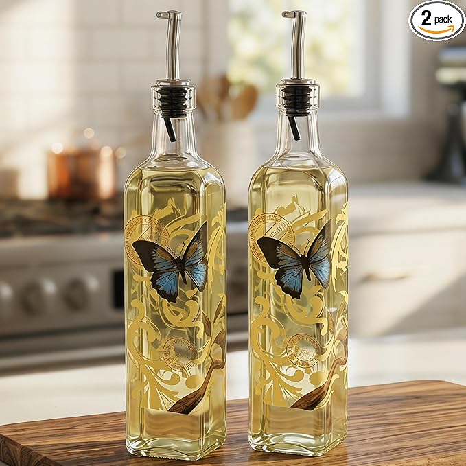 Topadorn Set of 2 Butterfly Olive Oil Dispenser Bottles, 17oz Decorative Glass Oil & Vinegar Cruet Set with Pour Spouts, Refillable Kitchen Countertop Dispensers