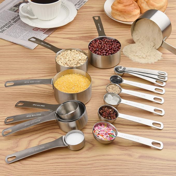 18/8 Stainless Steel Measuring Cups and Spoons Set, Metric & US Metal Measure Cup and Spoon for Baking & Kitchen, Heavy Duty 7 Measuring Cups & 8 Spoons With Leveler