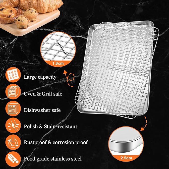 16"+12.5"+9" Baking Sheet with Wire Rack, Leonyo Stainless Steel Baking Sheet & Cooling Rack, Commercial Nonstick Cookie Tray Pan for Kitchen Cooking, Oven Roasting - 6 Pack