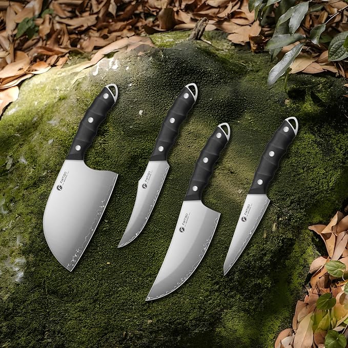 FINTISO Hand Forged Viking Knife Set, 4 PCS Kitchen Knives with Butcher Knife, Serbian Chef Knife & 2 Boning Knives, 5-Layer High Carbon Steel, Full Tang G10 Handle for Kitchen, BBQ & Camping
