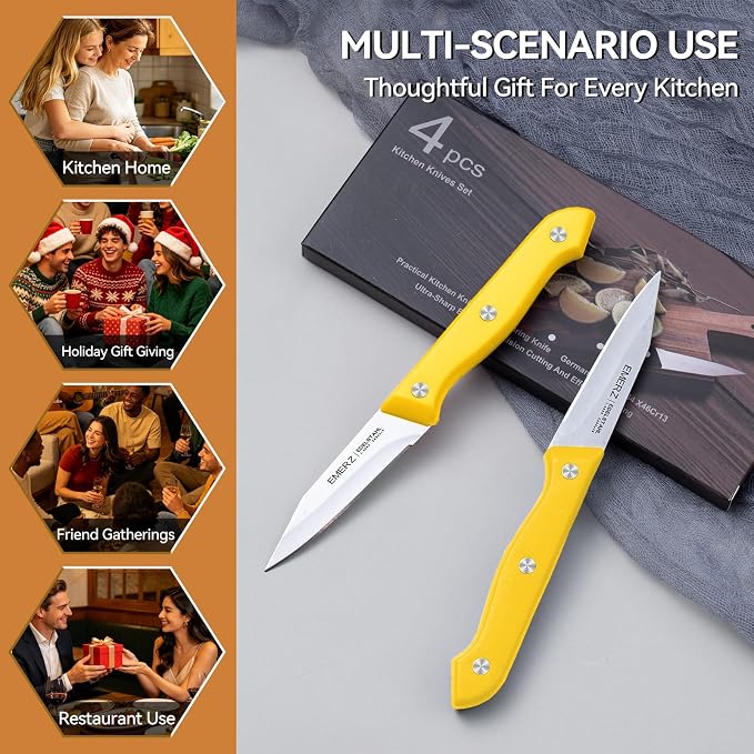 Paring Knives Set of 4,3.5inch, Stainless Steel Paring Knife,Ergonomic Handle,PP Triple Rivet,Sharp Small Cutting Knife for Peeling Coring Cutting,Yellow Pairing Knives for Fruit