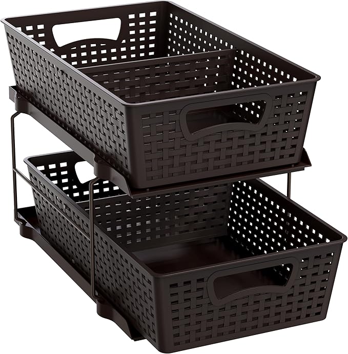 Simple Houseware 2 Tier Pull-Out Sliding Drawer Under Sink Storage, Brown | Great for Kitchen Bathroom Tray Shelf Organizer
