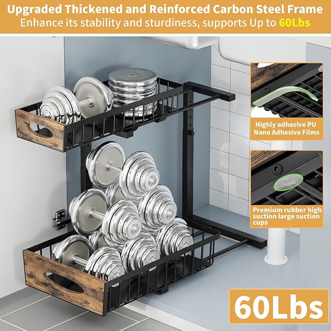 2 Pack Metal Under Sink Organizer with Sliding Drawer, Black | Anti-rust Carbon Steel, L-Shaped, Adjustable Height, Pull-out, Stable 80lb Load-bearing Capacity for Kitchen,Bathroom, Pantry