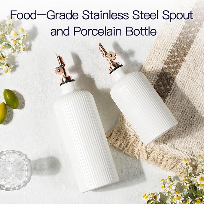 Dizada Olive Oil Dispenser Bottle Set of 2 (22 Oz + 14 Oz) - Porcelain Oil and Vinegar Bottles with Stainless Steel Spout, Ceramic Kitchen Cruet, Dishwasher Safe