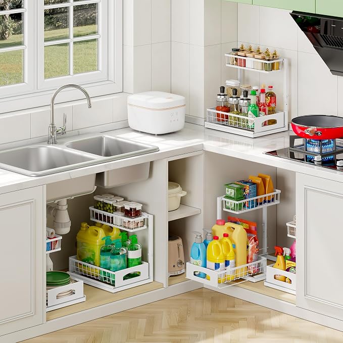 Under Sink Organizer, 1-Pack L-Shaped Metal Pull-Out Drawers for Kitchen | Cabinet Organizer Height Adjustable Heavy Duty Metal 2-Tier Storage Fits Beside Common Pipes for Bathroom Pantry