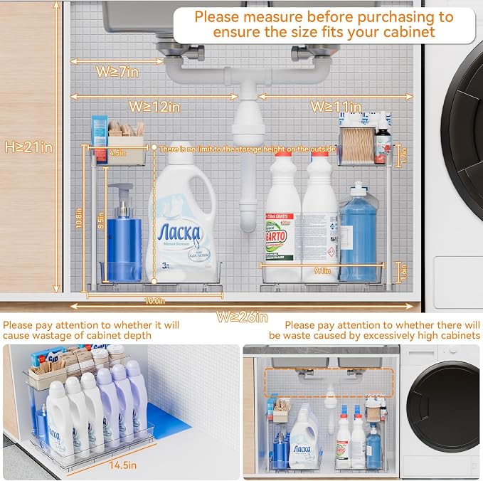 2 Pack 14.6″ Deep Pull Out Under Sink Organizer,10.8″ High 2 Tier Slide Out Cabinet Organizer for Kitchen Cabinet,Undersink Organizers,Under Sink Shelves,Bathroom Organizers and Storage,Clear