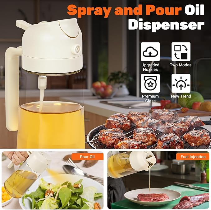 CJT 2Pcs Olive Oil Dispenser,2 in 1 Oil Sprayer for Cooking 16oz/470ml Glass Oil Bottle for Cooking, Frying, Salad, and BBQ (Black & White)